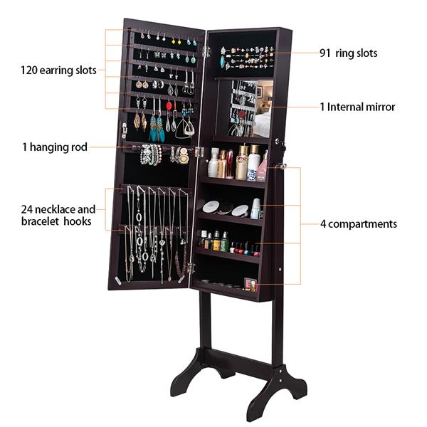 Full Standing Mirror Jewelry Cabinet With 4-Layer Shelf